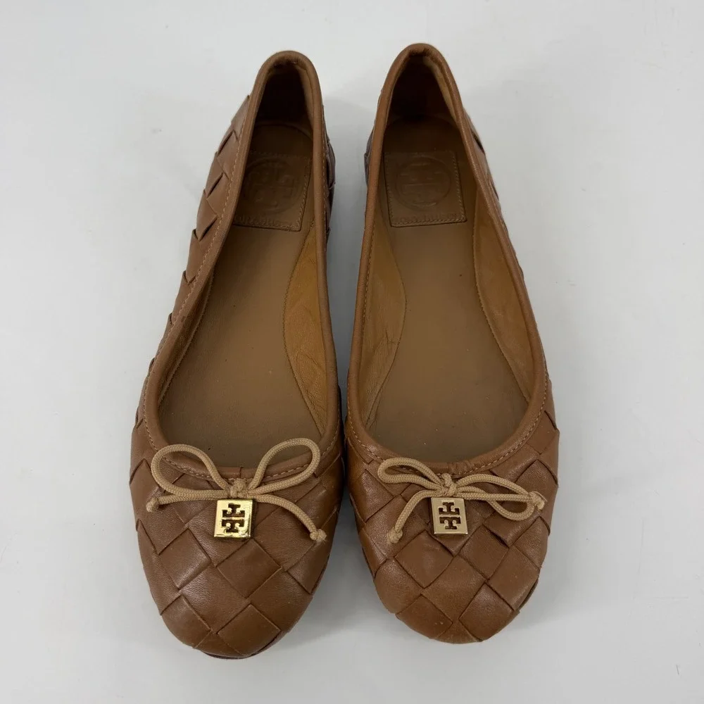 Tory Burch Carlyle Woven Leather Ballet Flats Brown Bow Logo Women's 7M